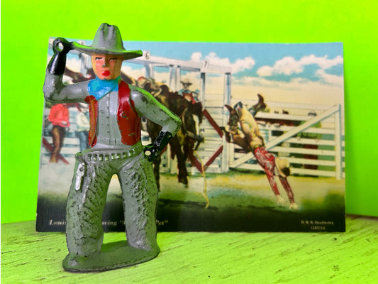 VINTAGE BARCLAY COWBOY w/ Rodeo Postcard (Grey) #1